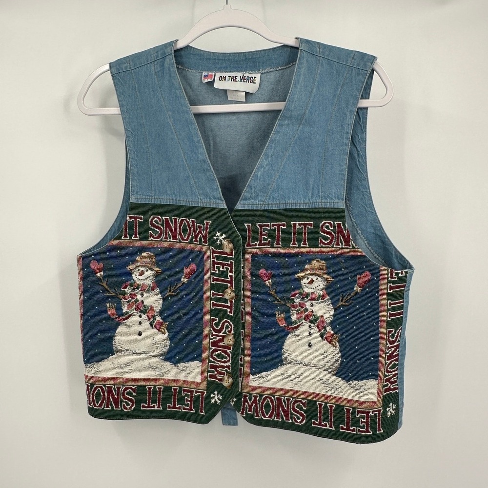 Vintage Women Denim Tapestry Christmas Vest Size M Novelty Holiday Party Festive